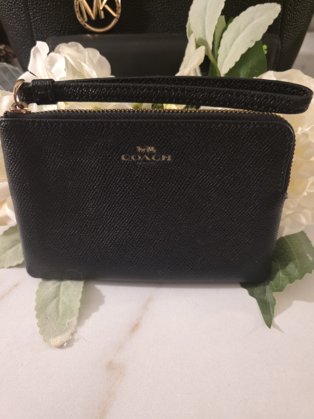Coach Black Textured Leather Wristlet with Gold Logo